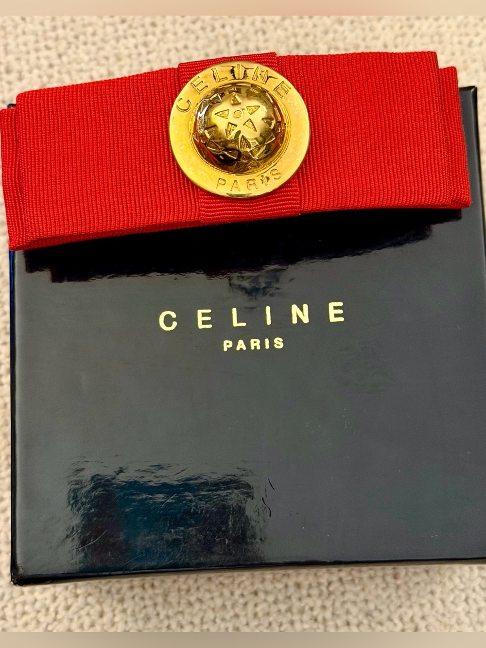 Celine Red Ribbon Bow Hair Clip with Gold Medallion